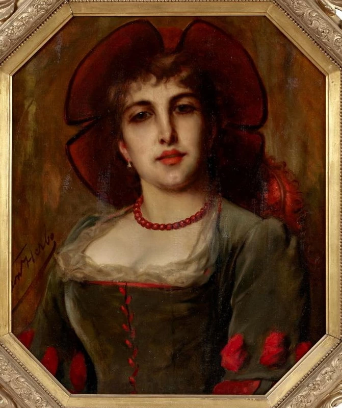 Busto di donna con collana e aureola a forma di quadrifoglio